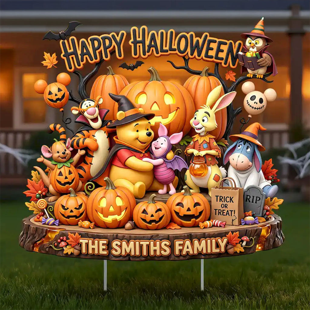 Personalized Winnie The Pooh And Friends Happy Halloween Yard Sign Trick Or Treat Garden Decor - Merchluma
