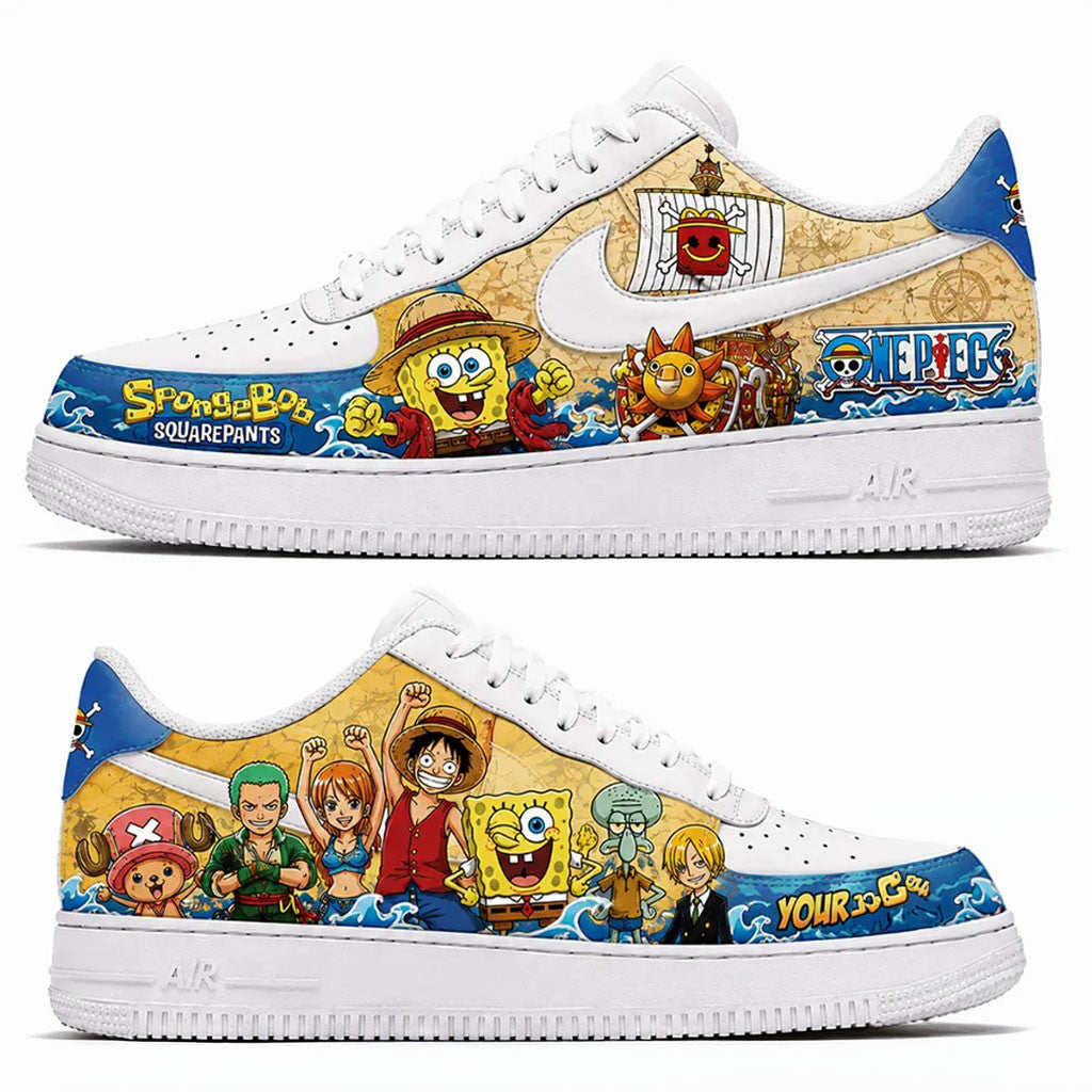 Personalized One Piece And Spongebob Squarepants Sneakers Gifts For Anime Lovers - Merchluma