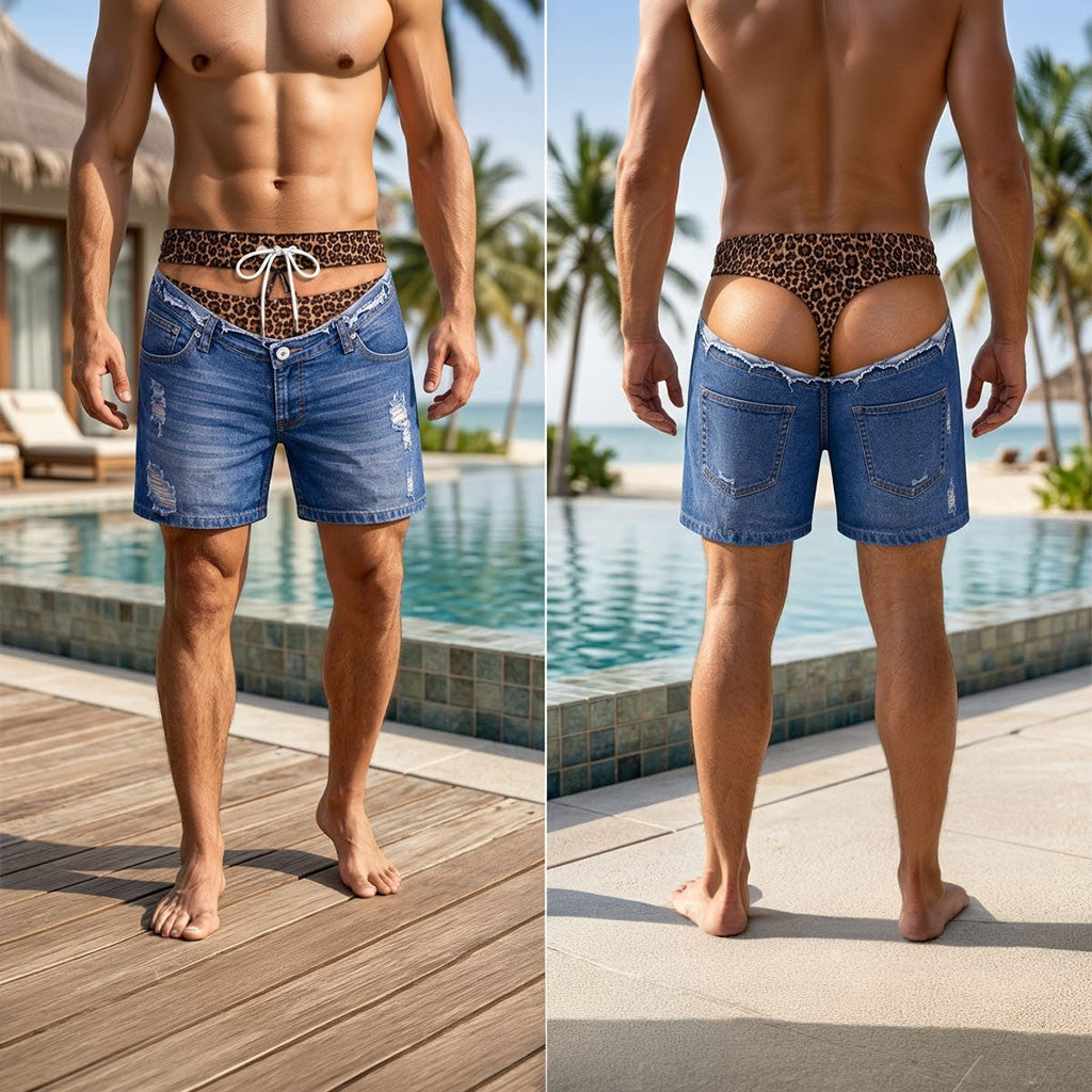 Built In Leopard Thong Distressed Denim Funny Shorts Summer Vacation Gift For Men - Merchluma
