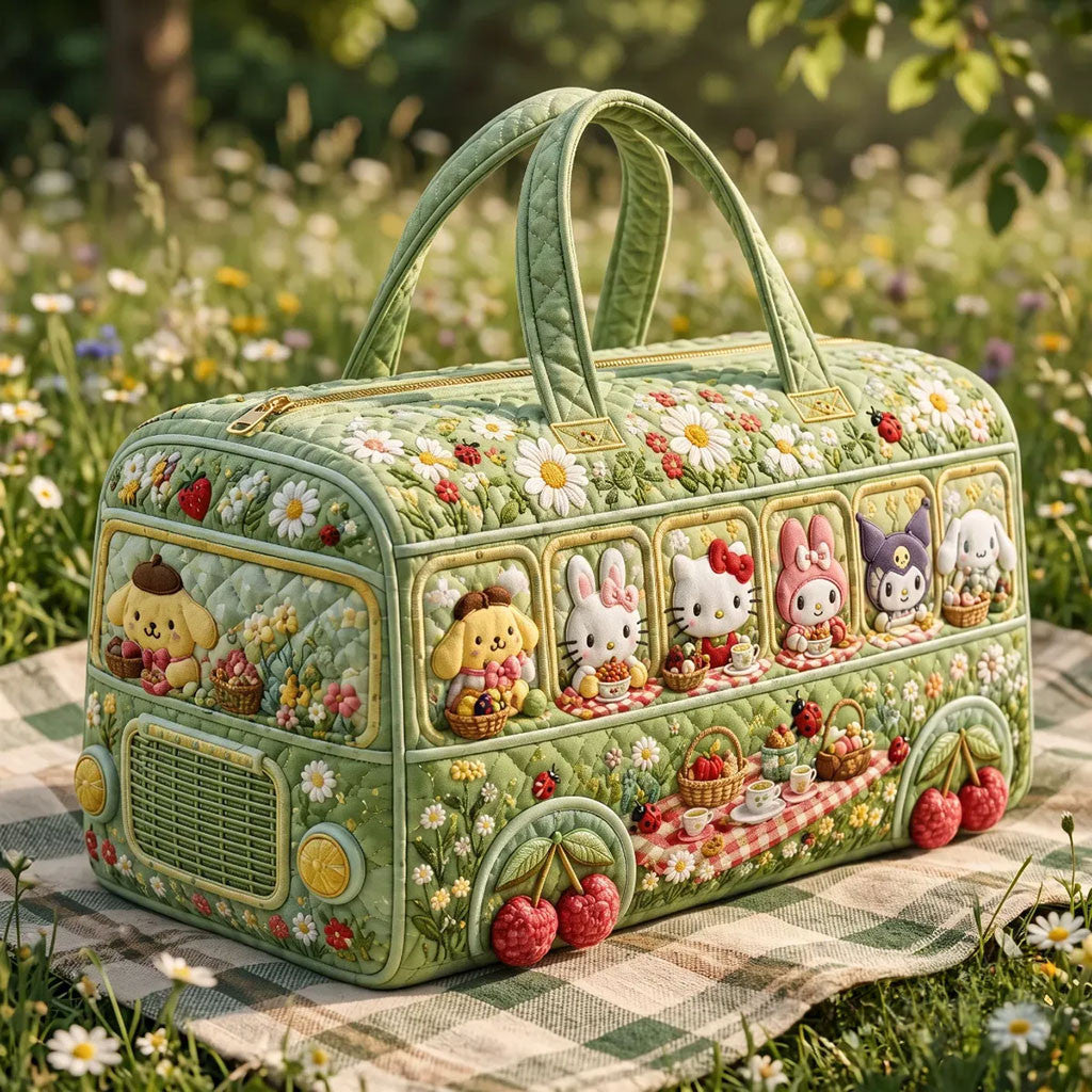 Green Floral Sanrio Characters Picnic Bus Quilted Duffle Bag Cute Gifts For Her - Merchluma