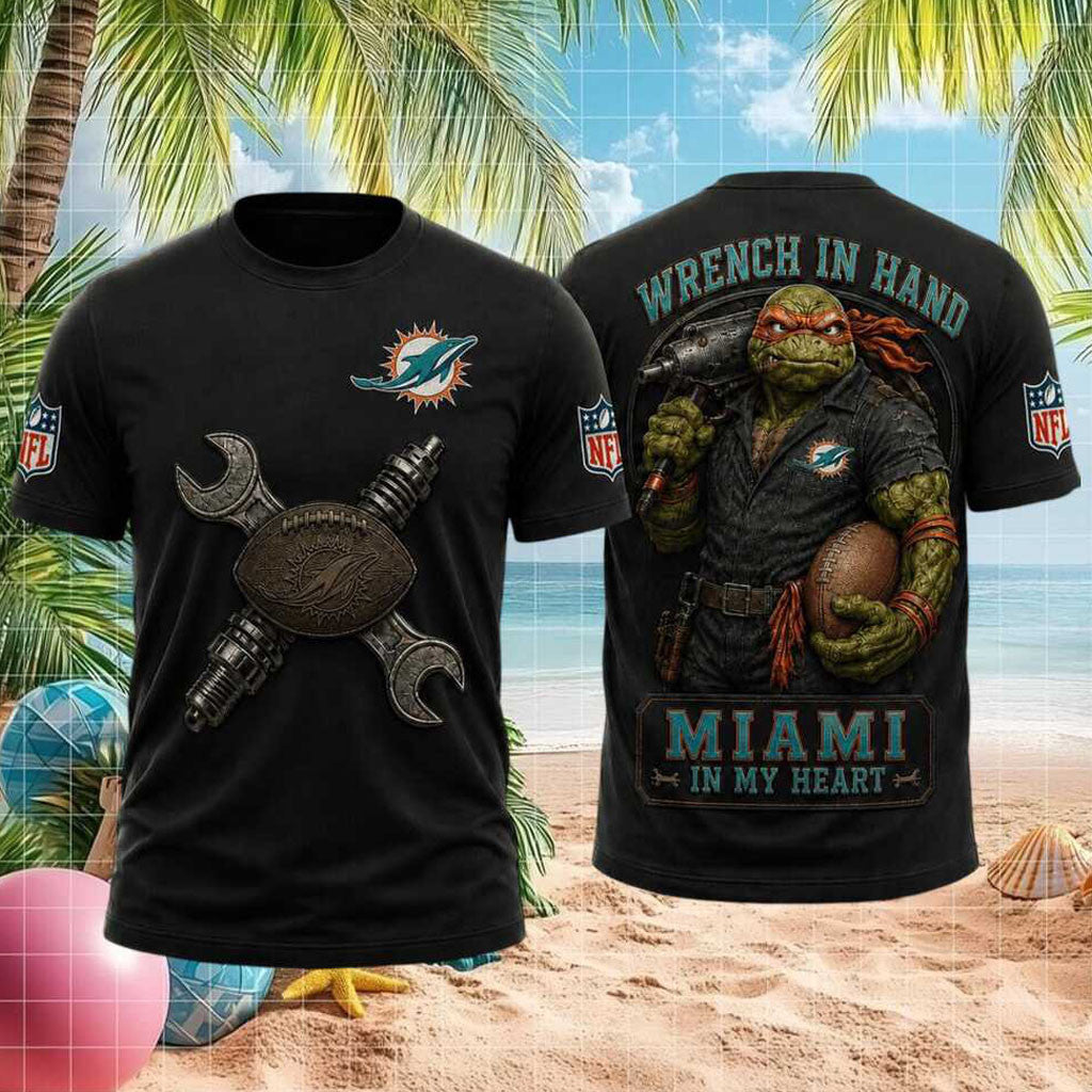 Miami Dolphins Ninja Turtle Mechanic Wrench In Hand Football Shirt Dolphins Merch Fan Gifts - Merchluma