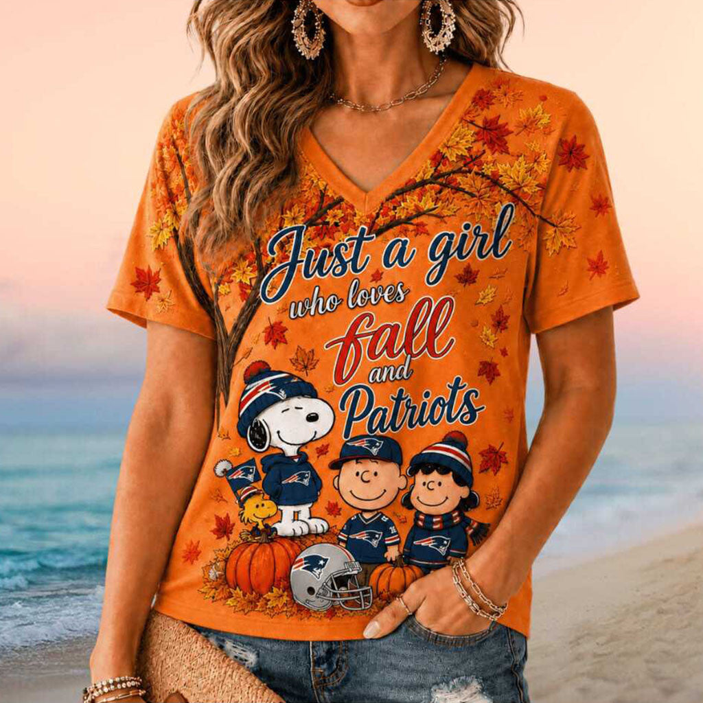 New England Patriots Snoopy Fall Leaves Pumpkin V-Neck Shirt NE Patriots Merch Gift For Women - Merchluma