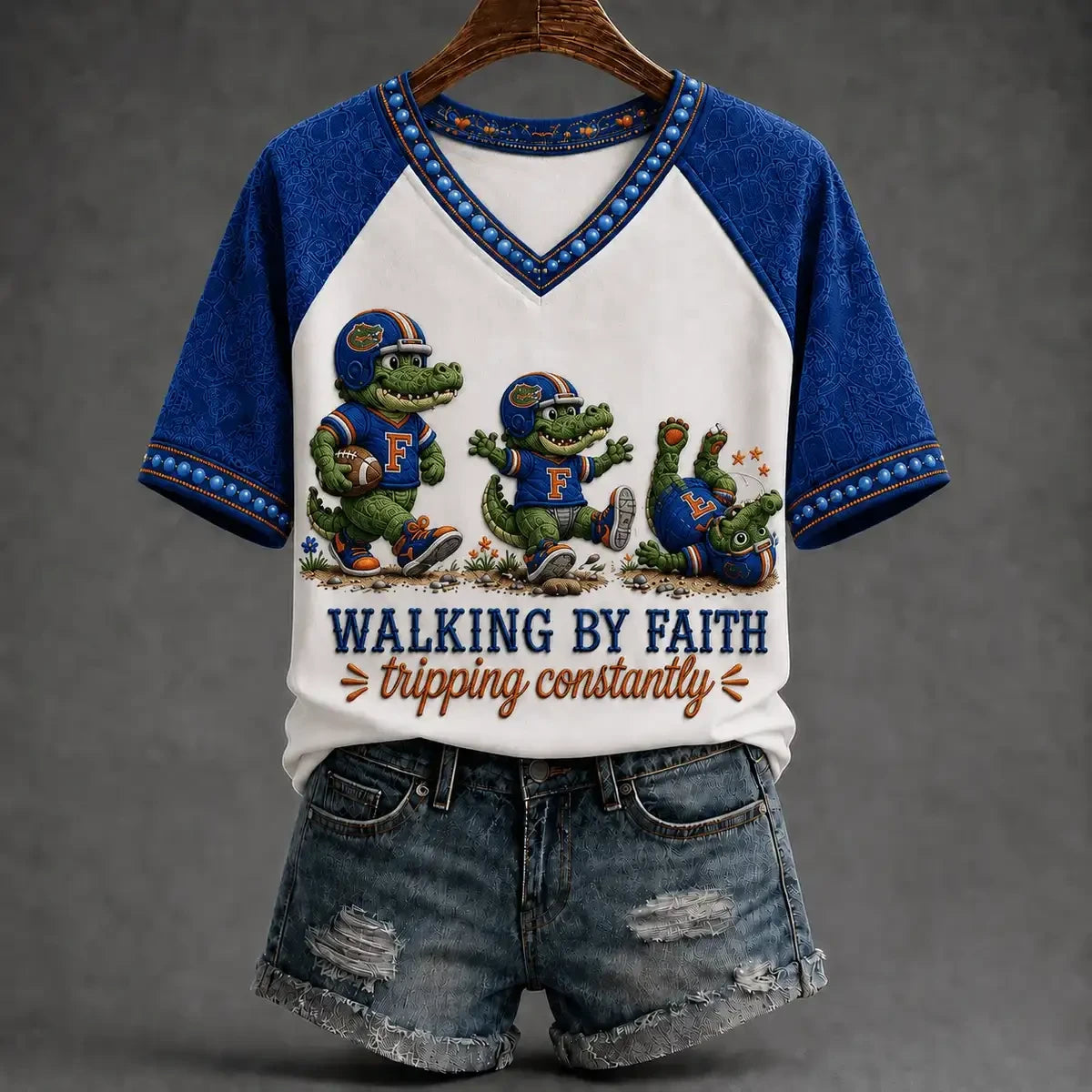 Florida Gators Walking By Faith Tripping Constantly V-Neck T-Shirt Florida Gators Merch Gifts - Merchluma