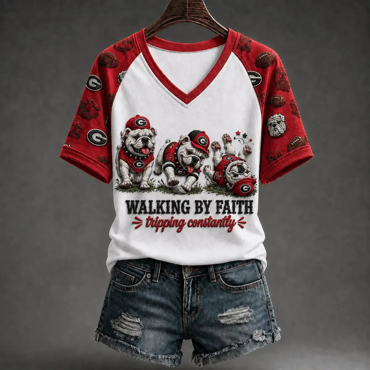 Georgia Bulldogs Walking By Faith Tripping Constantly V-Neck Shirt Georgia Bulldogs Merch - Merchluma