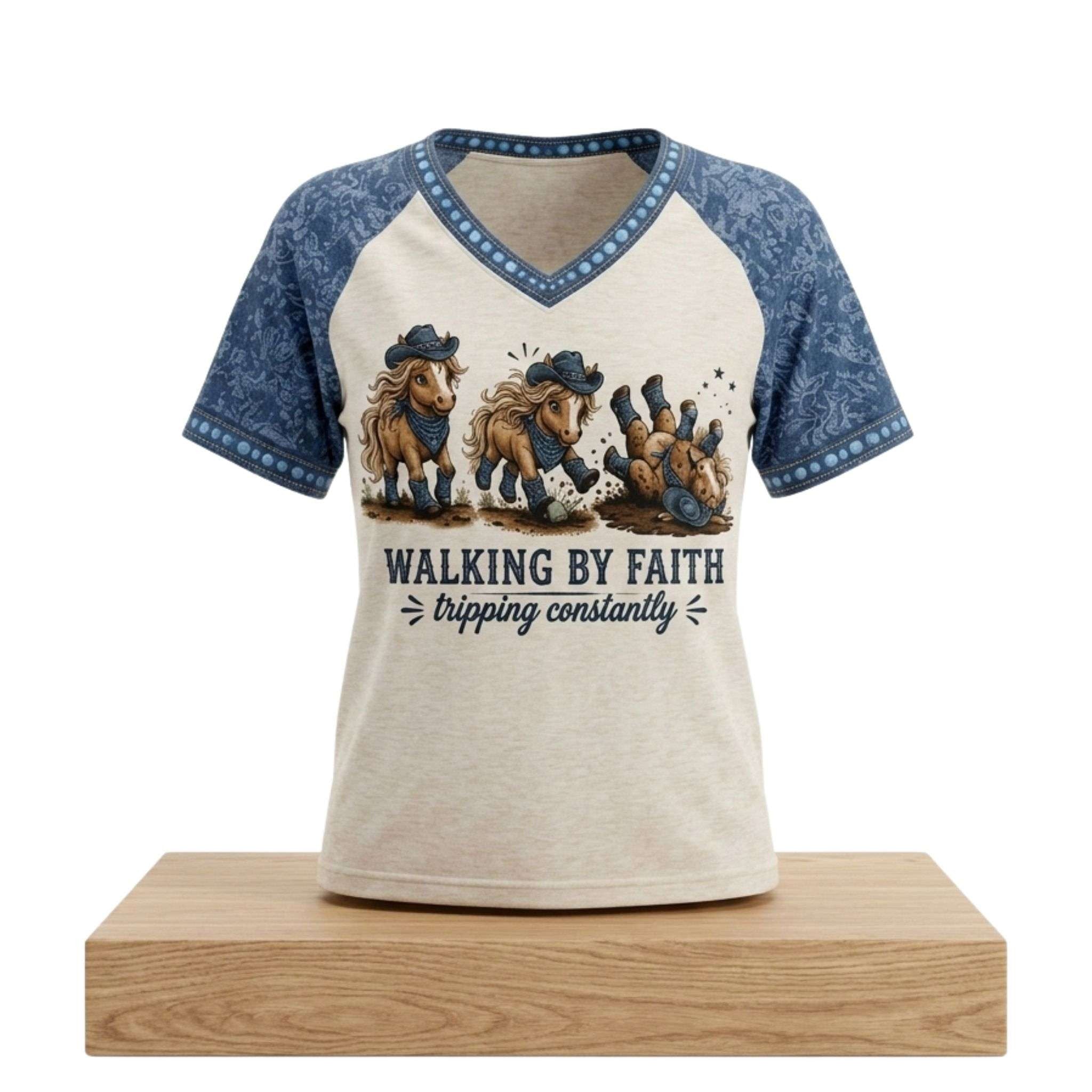 Horse Walking By Faith Tripping Constantly V-Neck Shirt Christian Gift Ideas - Merchluma