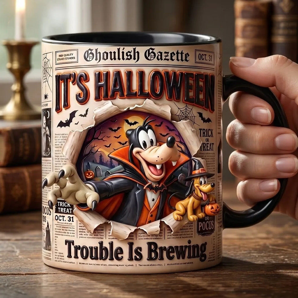 D Character Goofy Halloween Mug Trouble Is Brewing Coffee Cup Best Halloween Gifts - Merchluma