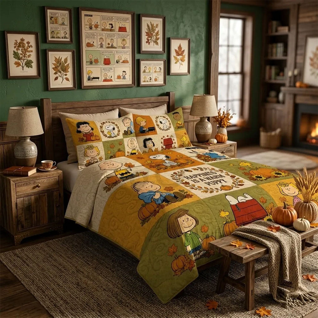 Peanuts Snoopy Autumn Pumpkin Quilt Set Fall Season Bedroom Decor Present For Daughter - Merchluma