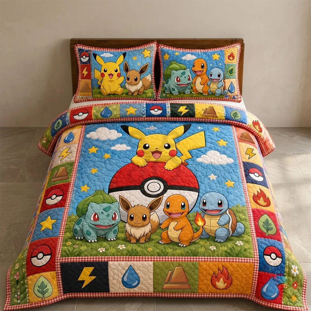 Pokemon Character Pikachu Eevee Quilt Bedding Set Cute Bed Decor Gift Ideas For Pokemon Fans - Merchluma