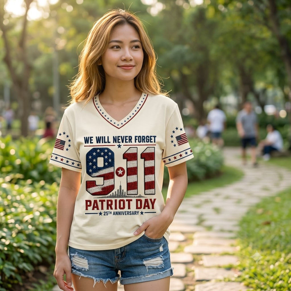 We Will Never Forget 9 11 Patriot Day V-Neck Shirt 2026 Memorial Day Clothing Gift For Her - Merchluma