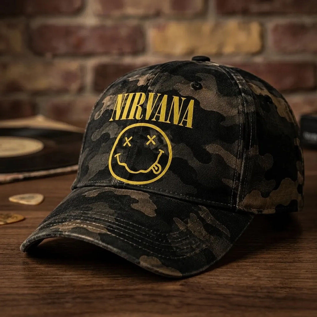 Nirvana Nevermind Smiley Hat Camouflage Baseball Cap Nirvana Merch Present For Fans - Merchluma