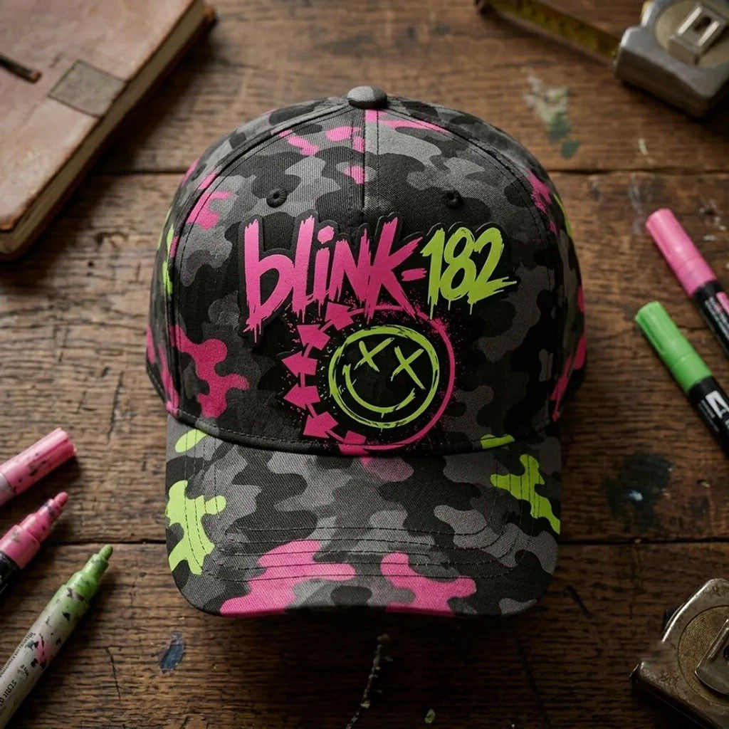 Blink-182 Neon Smiley Camo Hat 2026 Blink-182 Merch Gift For Rock Band Fans - Merchluma