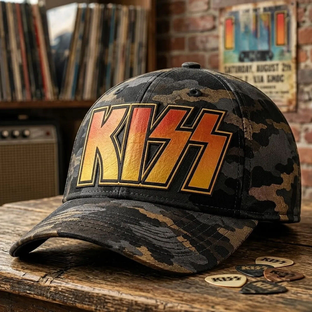 KISS Band Golden Logo Hat Camouflage Baseball Cap KISS Merch Gift For Music Lovers - Merchluma
