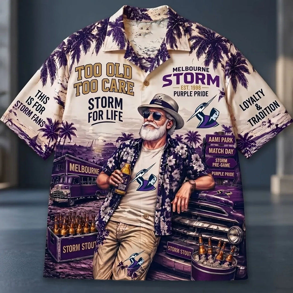 Melbourne Storm Purple Pride Hawaiian Shirt Too Old Too Care Aloha Shirt Melbourne Storm Merch - Merchluma