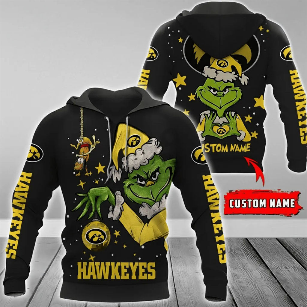 Personalized Iowa Hawkeyes Grinch Christmas Holiday Hoodie Iowa Hawkeyes Merch Xmas Gifts - Merchluma