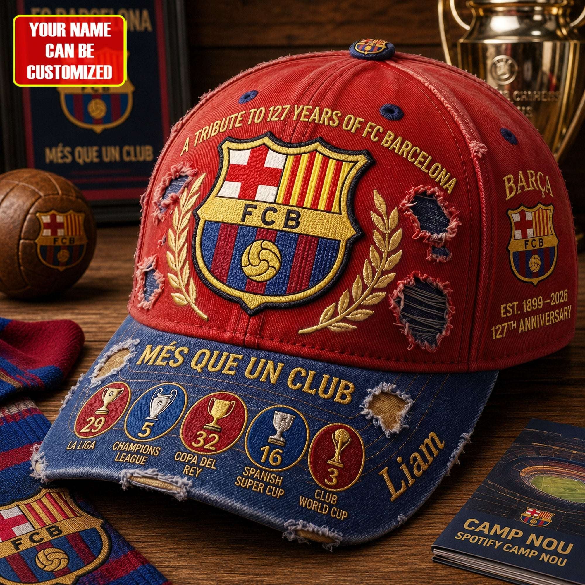 Personalized Barca FC 127 Years Of Legend Hat Mes Que Un Club Cap FC Barcelona Merch - Merchluma