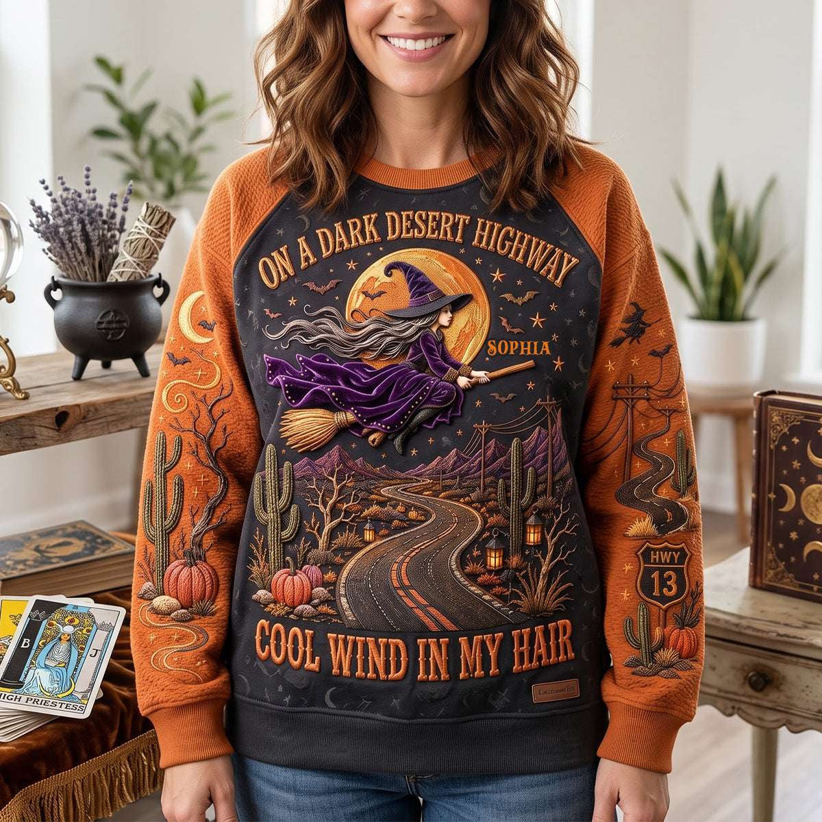 Personalized On A Dark Desert Highway Sweatshirt Womens Witch Outfit Halloween Gifts Ideas - Merchluma