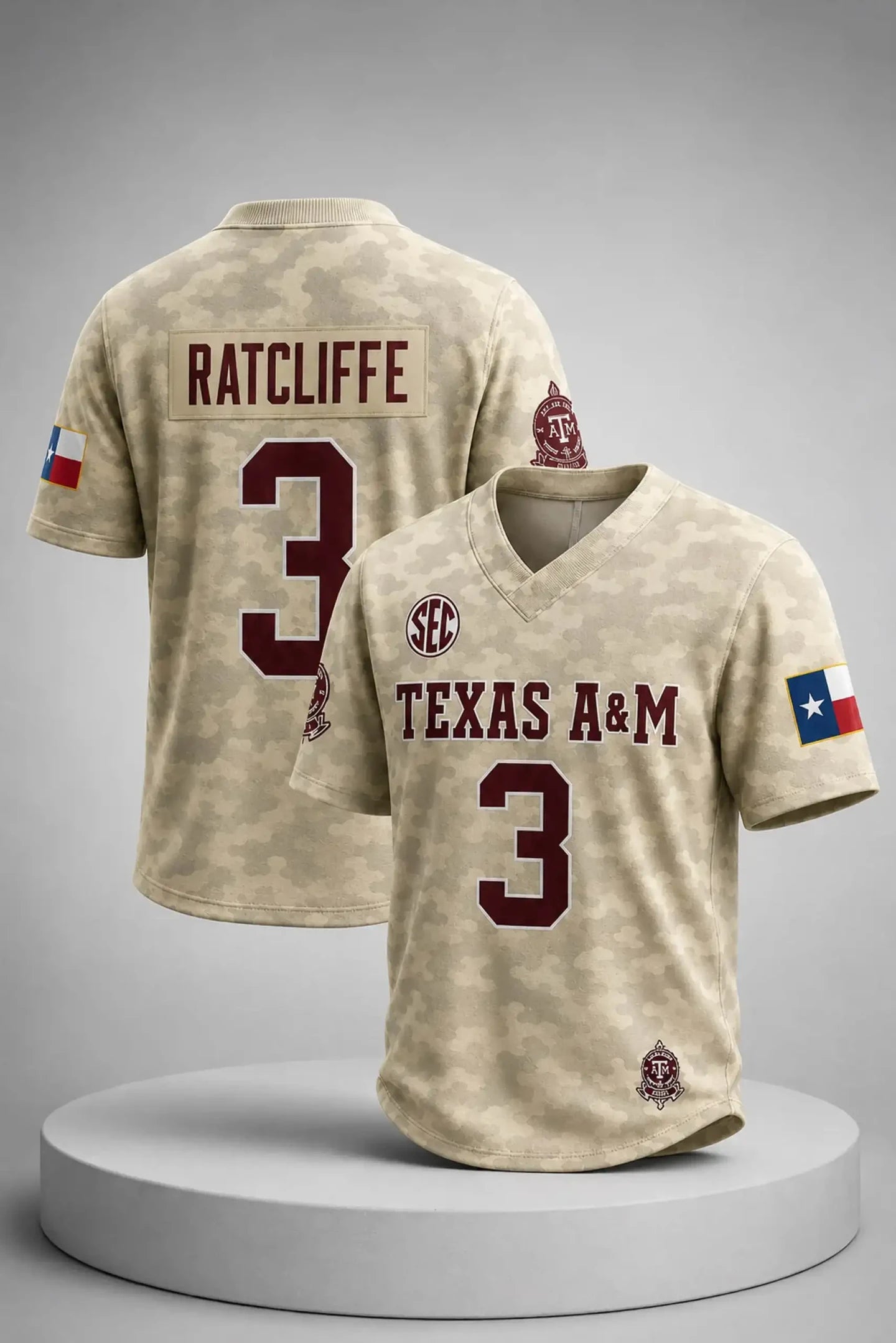 Texas A&M Honor And Support Desert Military Appreciation Camo Jersey Ratcliffe #3 Jersey - Merchluma