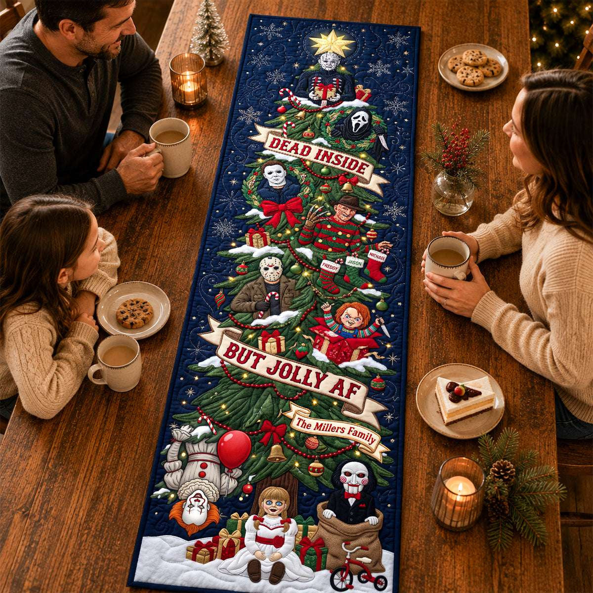 Personalized Horror Character Merry Frightmas Quilted Table Runner Chirstmas Home Decor Ideas - Merchluma