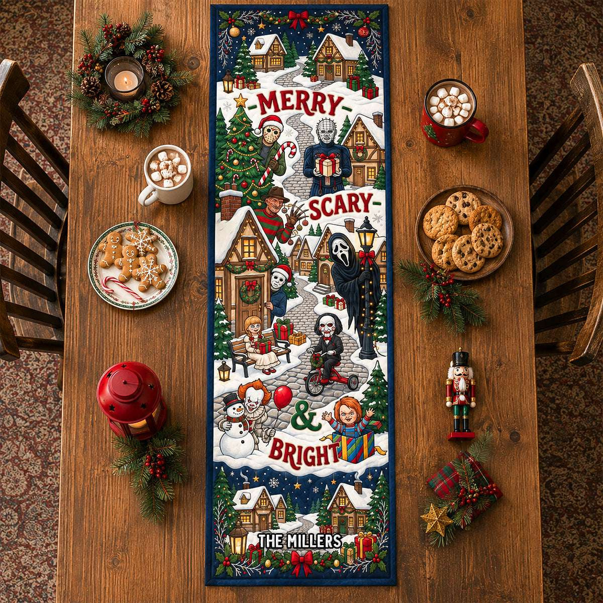 Personalized Horror Character Merry Scary Christmas Quilted Table Runner Christmas Gift Ideas - Merchluma