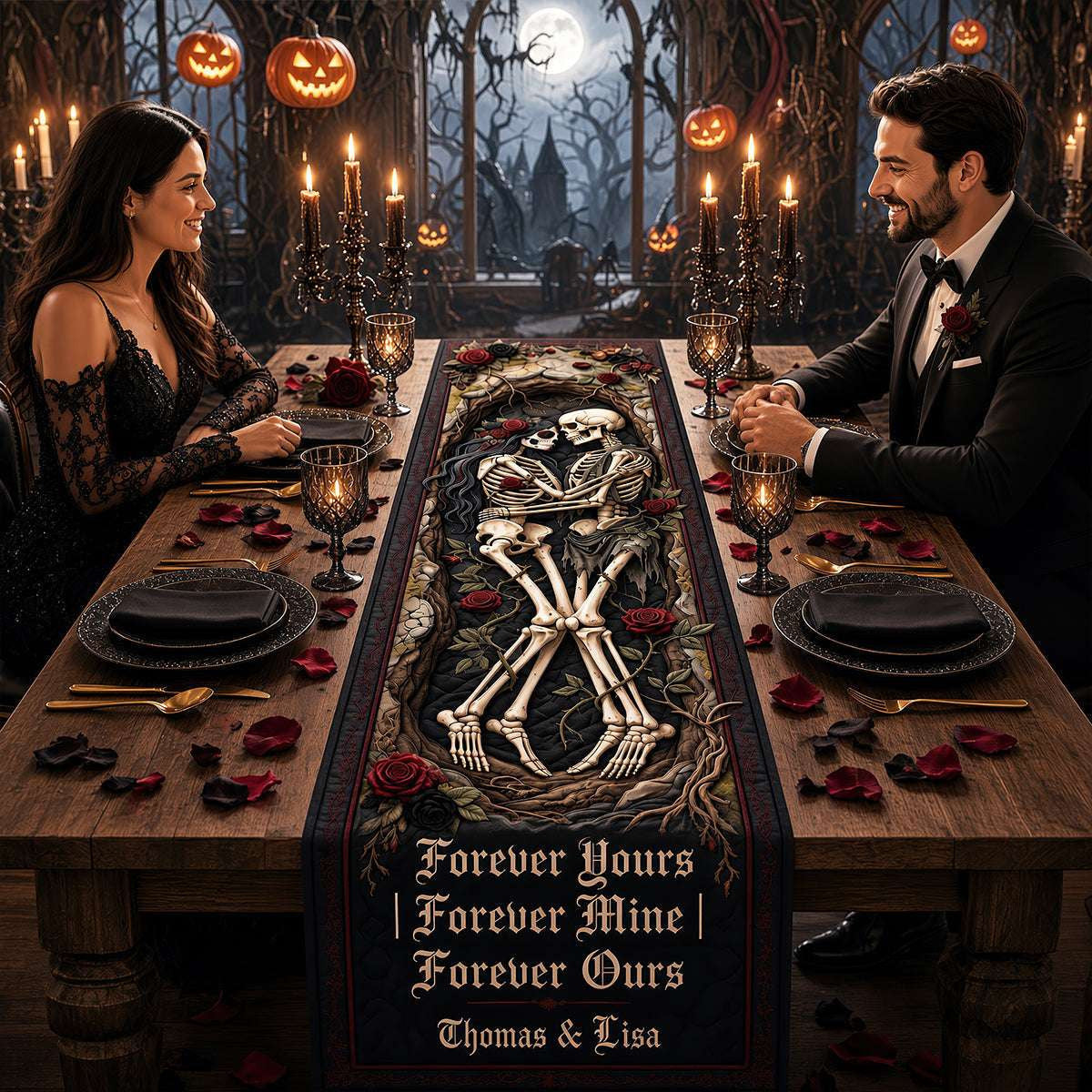 Personalized Eternal Love Skeleton Couple Quilted Table Runner Halloween Decor Gifts For Couple - Merchluma