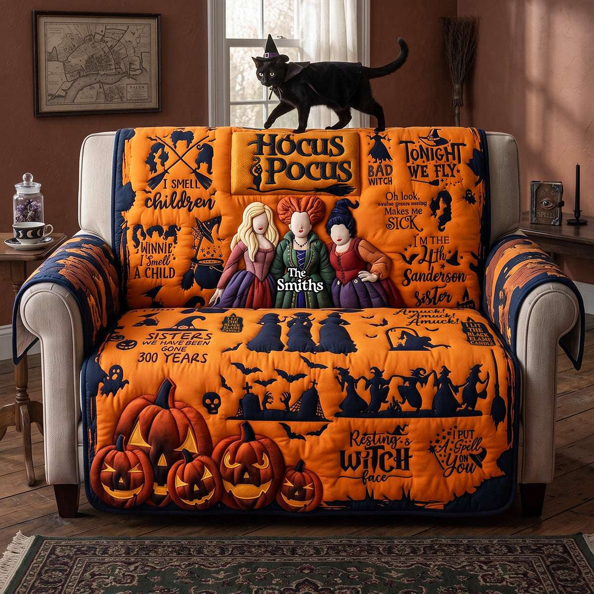 Personalized Hocus Pocus Fun Bad Witches Quilted Sofa Cover Sofa Deco Halloween Gifts Ideas - Merchluma