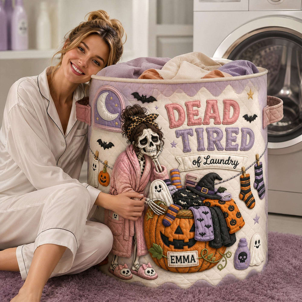 Personalized Spooky Skeleton Dead Tired Quilted Laundry Basket Gifts Ideas For Halloween - Merchluma
