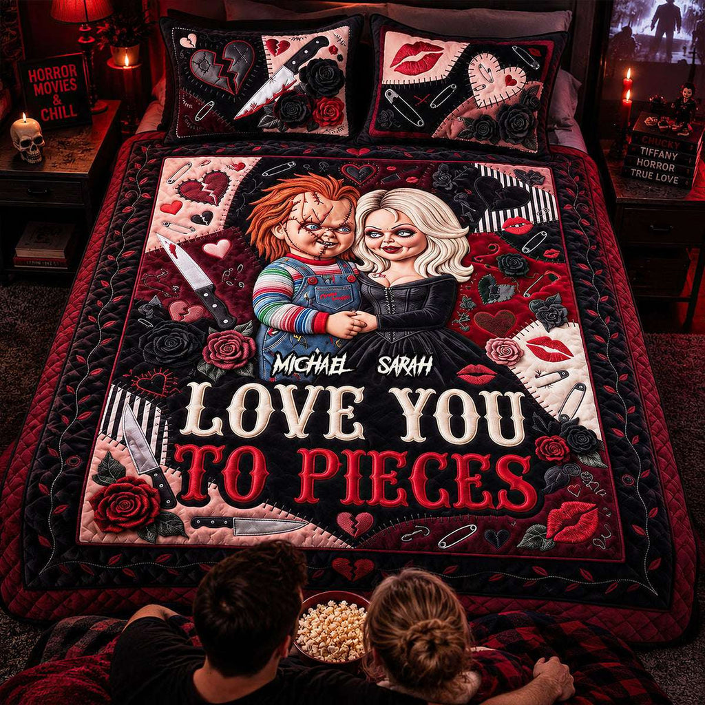Personalized Chucky And Tiffany Love You to Pieces Quilt Bedding Set Halloween Gifts For Couple - Merchluma