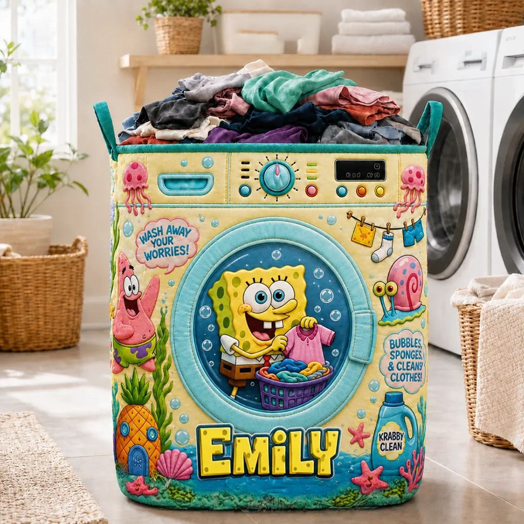 Personalized SpongeBob SquarePants Quilted Laundry Basket Cute Laundry Hamper Gift Ideas - Merchluma