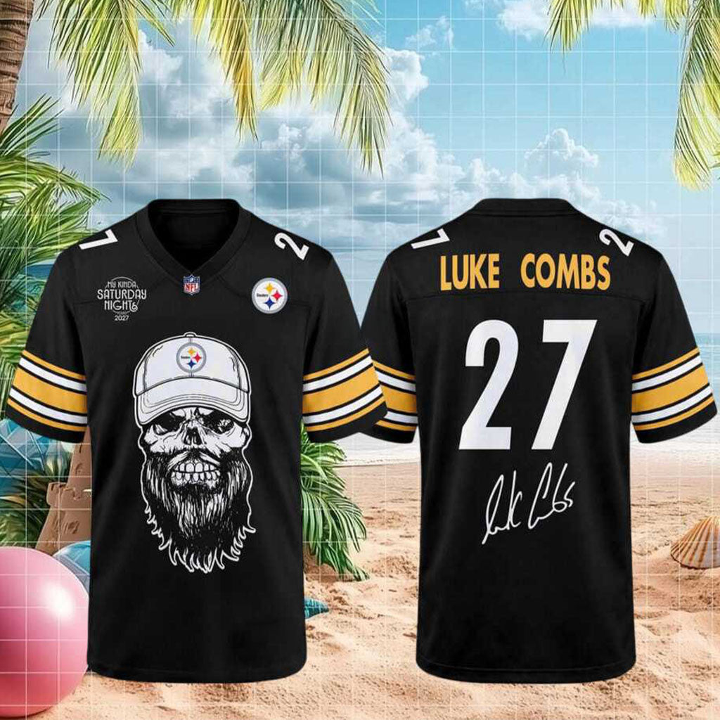 Pittsburgh Steelers Luke Combs Tour 2027 Skull Beard Football Jersey Steelers Merch Him Gifts - Merchluma