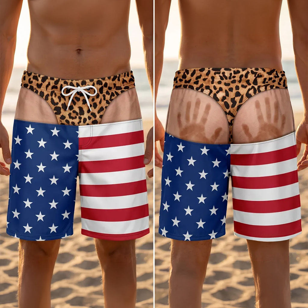 American Flag Leopard Print Funny Handprint Swim Trunks Hawaiian Shorts For Men Summer Clothes - Merchluma