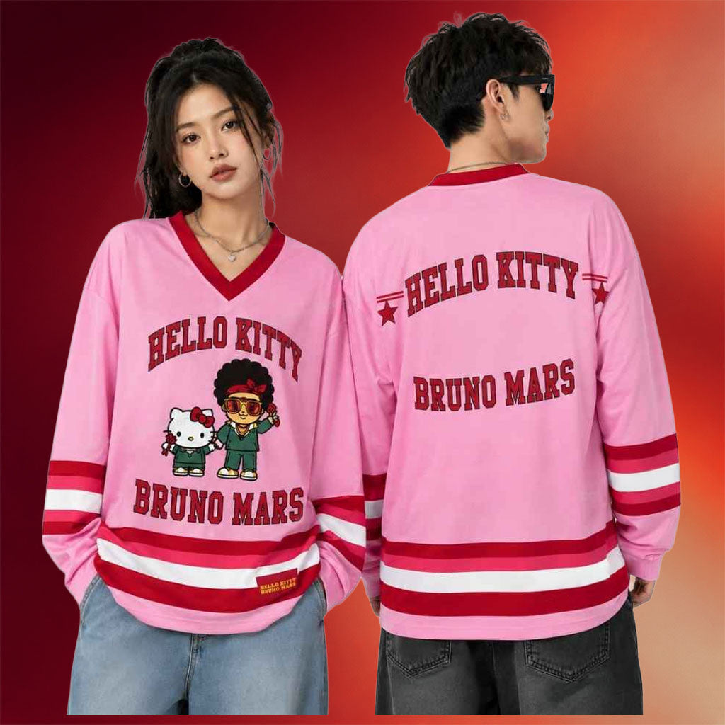 Bruno Mars Merch 2026 Bruno Mars Hello Kitty Pink Long Sleeve Jersey The Romantic Tour Merch - Merchluma
