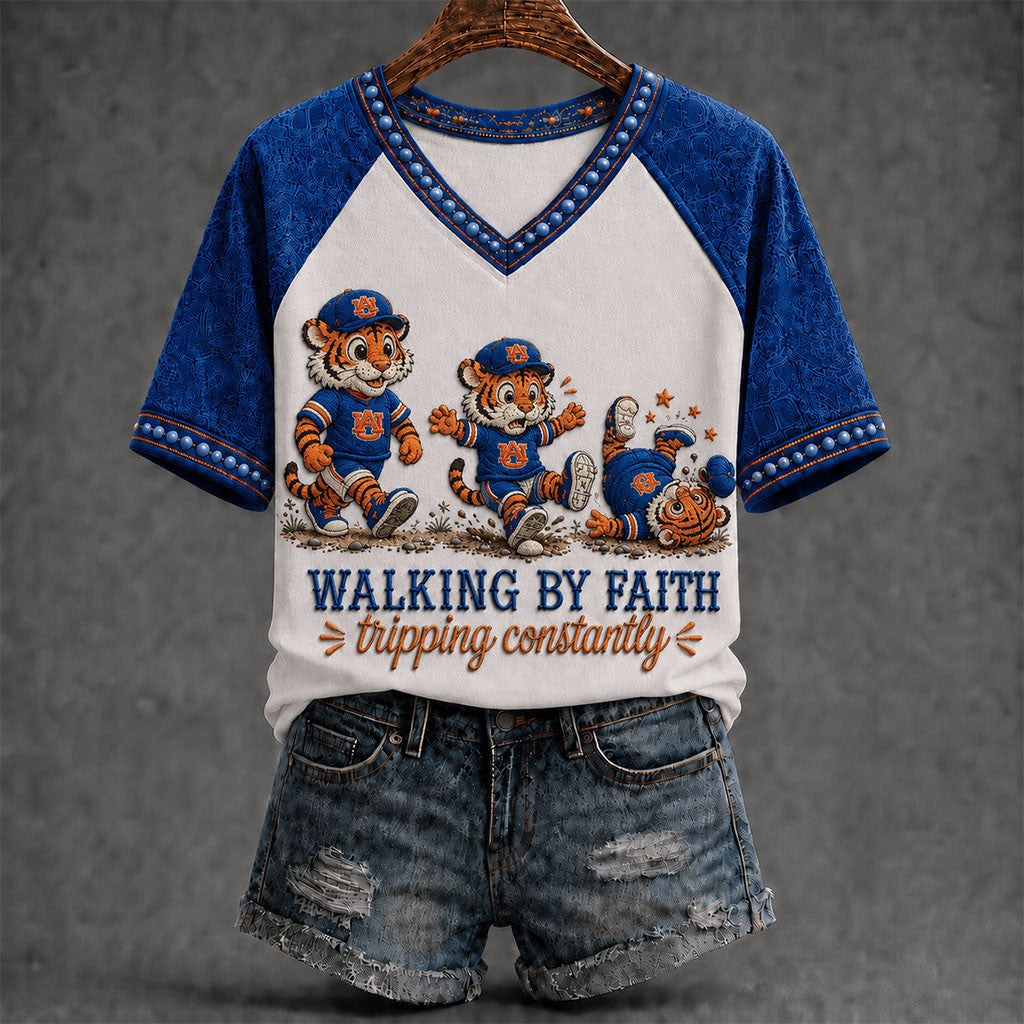 Auburn Tigers Walking By Faith Tripping Constantly V-Neck Shirt Auburn Tigers Merch Faith Gifts - Merchluma