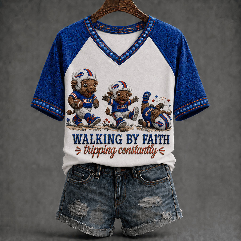 Buffalo Bills Walking By Faith Tripping Constantly V-Neck Shirt Bills Merch Christian Gifts - Merchluma