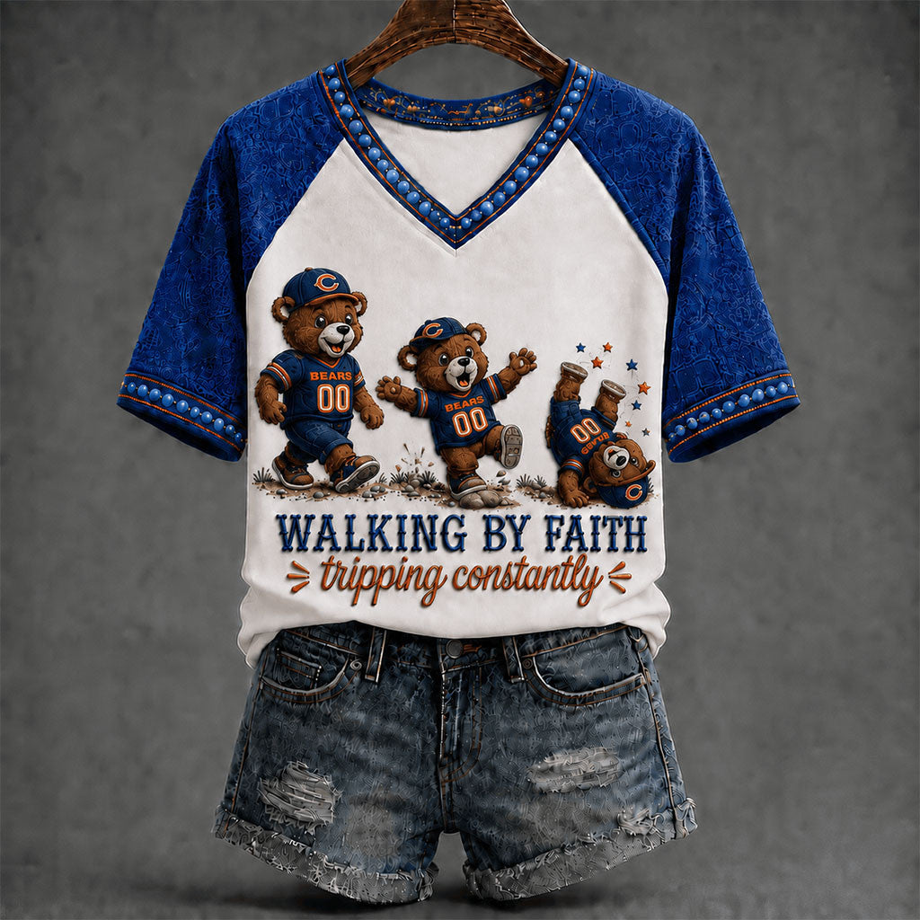Chicago Bears Walking By Faith Tripping Constantly V-Neck Shirt Chicago Bears Merch Women's - Merchluma