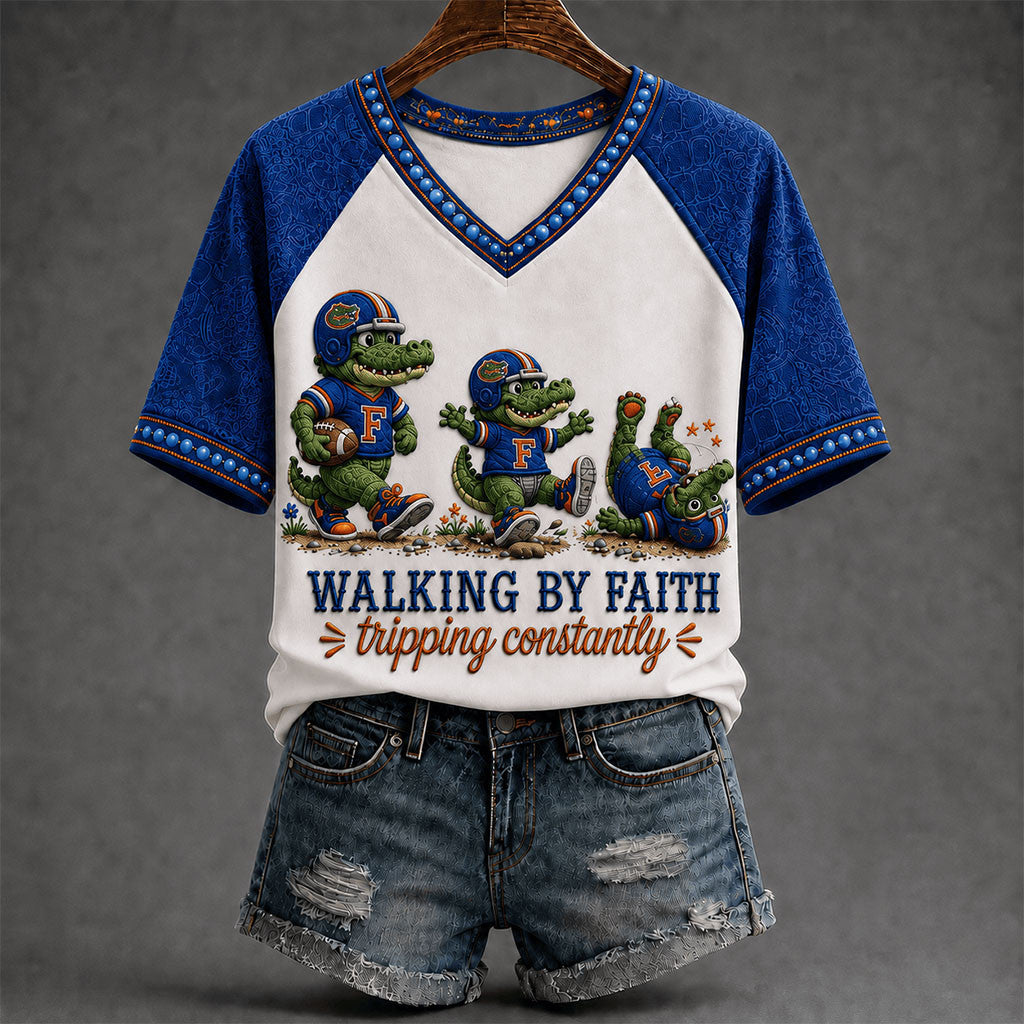 Florida Gators Merch Walking By Faith Tripping Constantly V-Neck Shirt Funny Christian Gifts - Merchluma