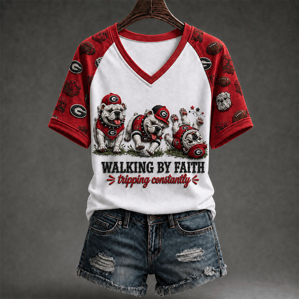 Georgia Bulldogs Merch Walking By Faith Tripping Constantly V-Neck Shirt Christian Gift Ideas - Merchluma