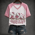 Hello Kitty Walking By Faith Tripping Constantly V-Neck Shirt Funny Faith Apparel Cute Gifts - Merchluma
