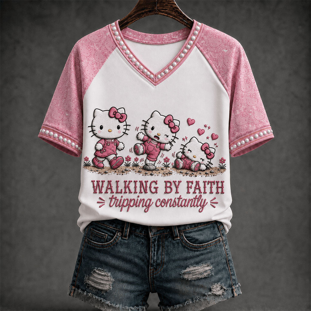 Hello Kitty Walking By Faith Tripping Constantly V-Neck Shirt Funny Faith Apparel Cute Gifts - Merchluma