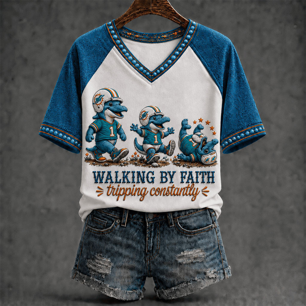 Miami Dolphins Walking By Faith Tripping Constantly V-Neck Shirt Miami Dolphins Merch Gifts - Merchluma