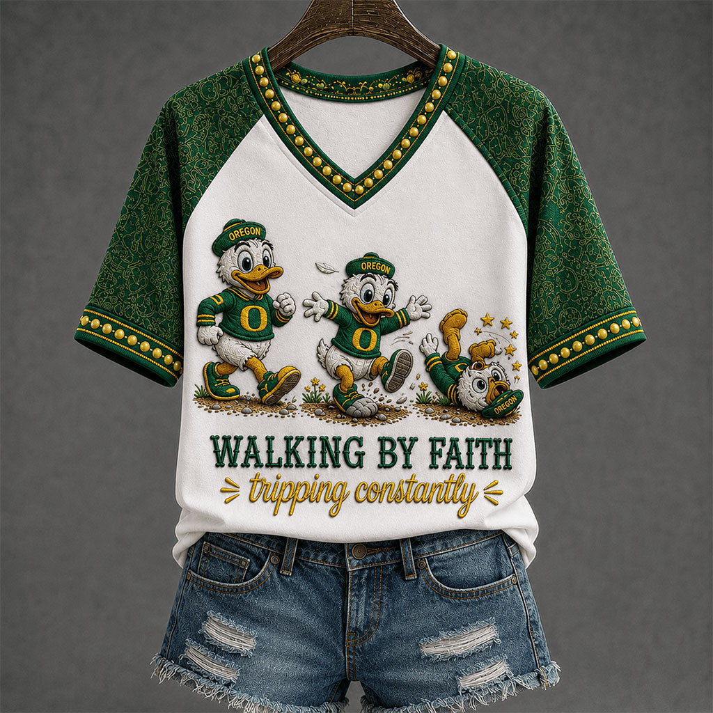 Oregon Ducks Walking By Faith Tripping Constantly V-Neck Shirt Oregon Ducks Merch Faith Gifts - Merchluma