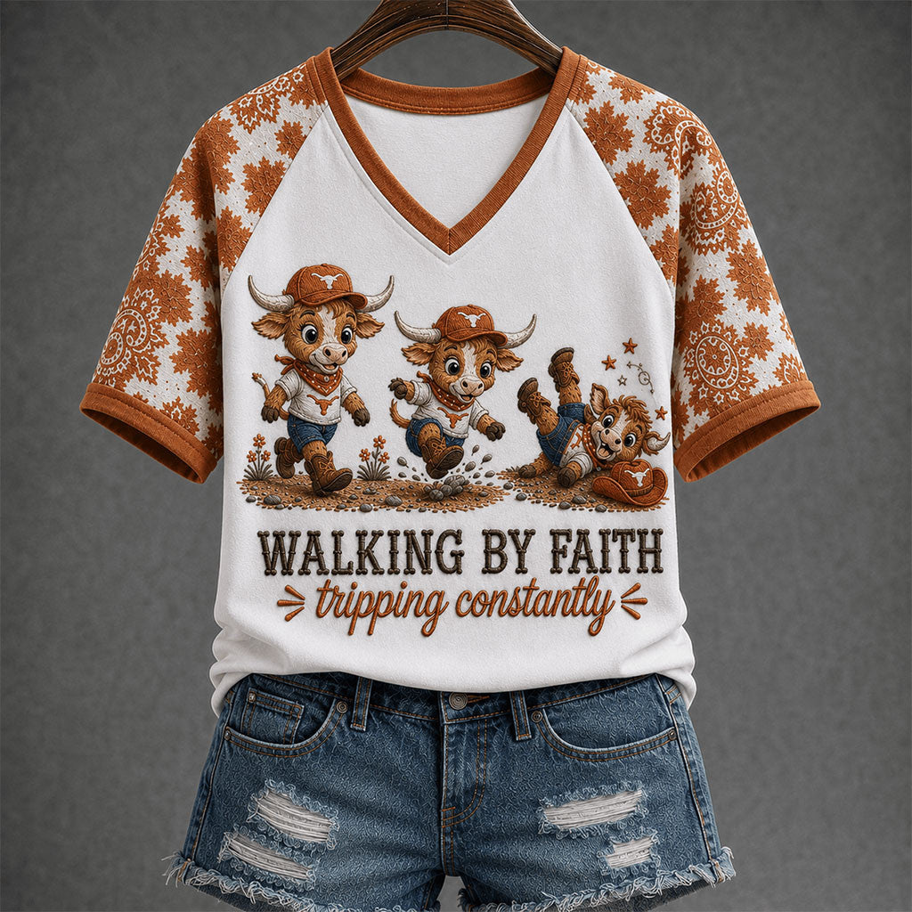 Texas Longhorns Walking By Faith Tripping Constantly V-Neck Shirt Funny Religious Apparel Gifts - Merchluma