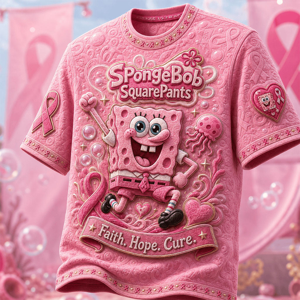 Spongebob Squarepants Faith Hope Cure T-Shirt Breast Cancer Awareness Apparel Gift For Her - Merchluma