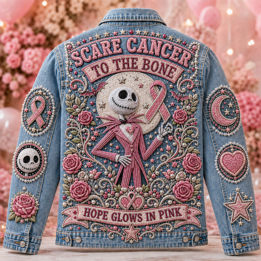 Jack Skellington Scare Cancer To The Bone Denim Jacket Breast Cancer Awareness Apparel Women's - Merchluma