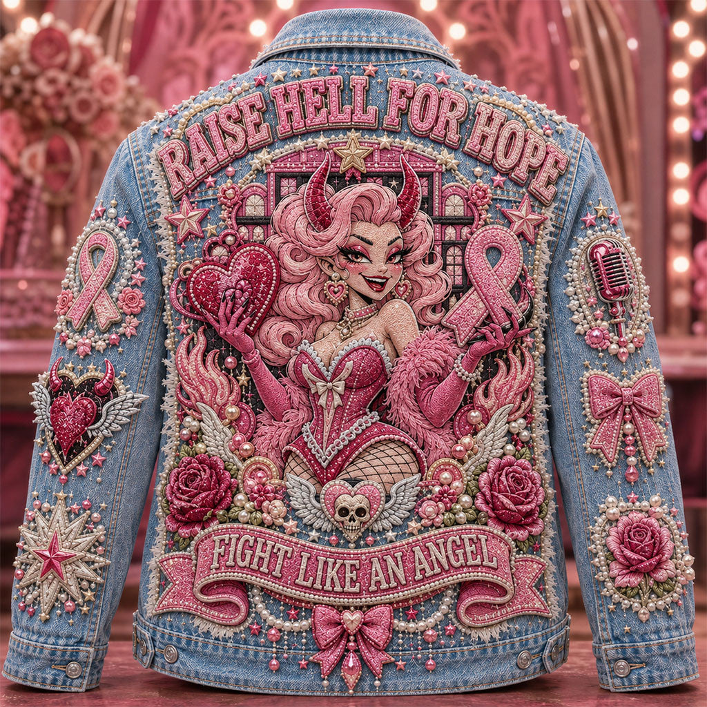 Raise Hell For Hope Denim Jacket Breast Cancer Awareness Clothing Gift For Cancer Survivor - Merchluma
