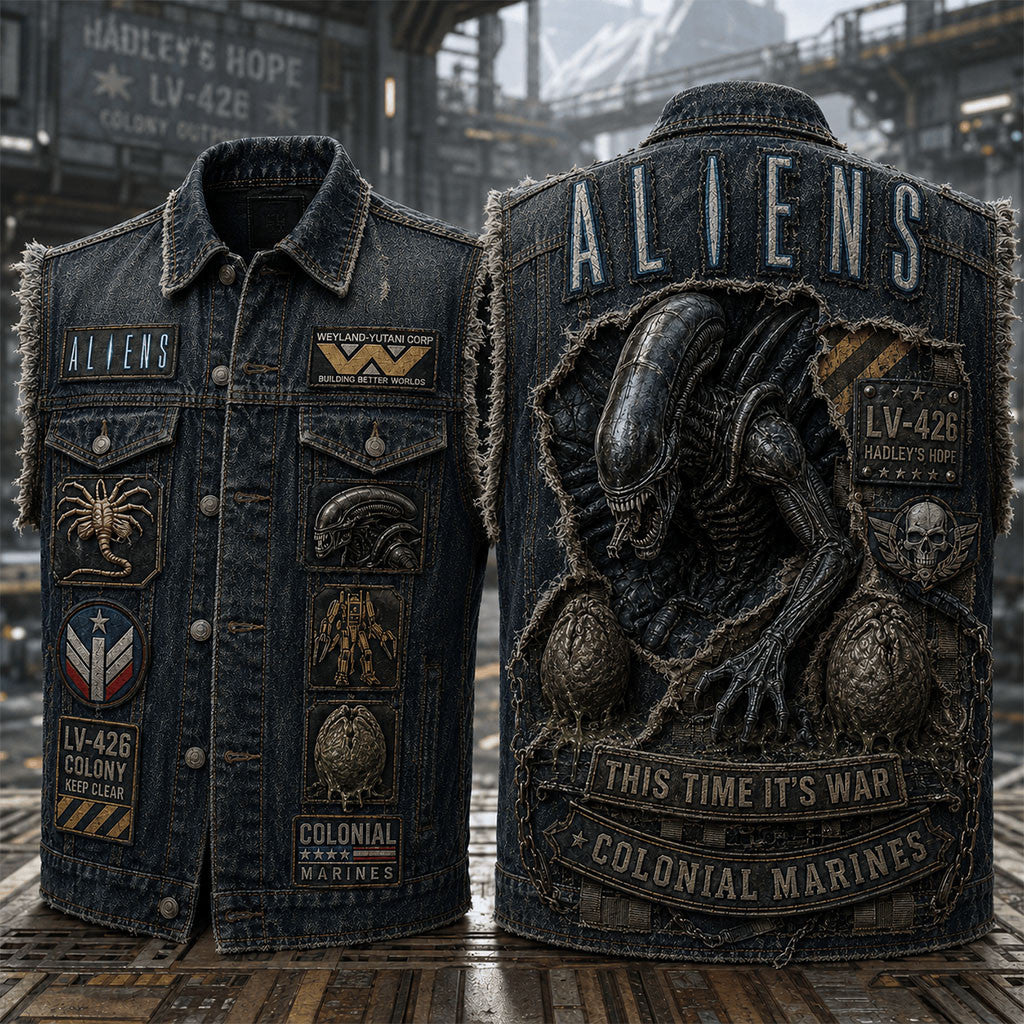 Aliens This Time It's War Colonial Marines Denim Vest Aliens Merch Gift For Horror Fans - Merchluma