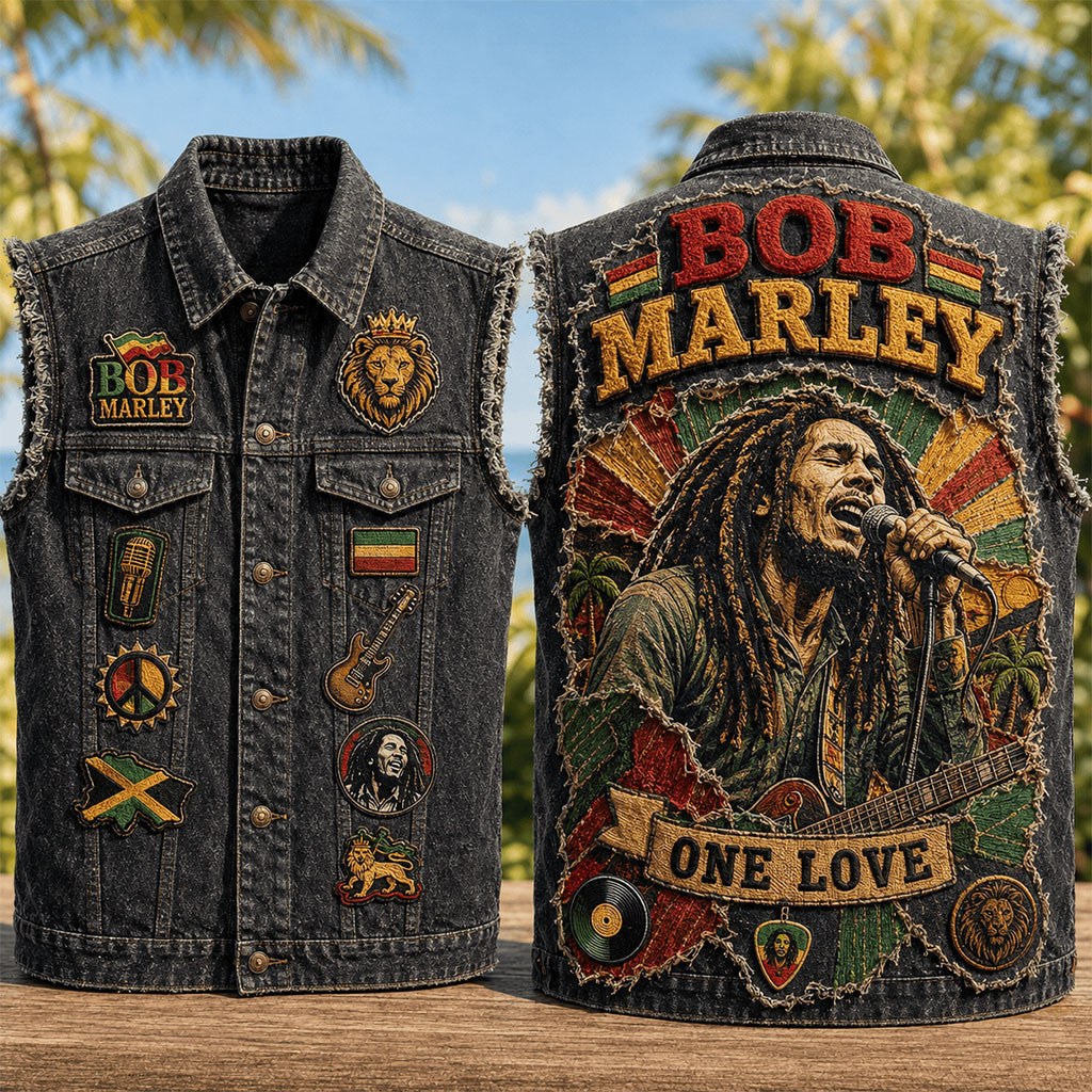 Bob Marley One Love Denim Vest Bob Marley Merch 2026 Gift For Music Fans - Merchluma