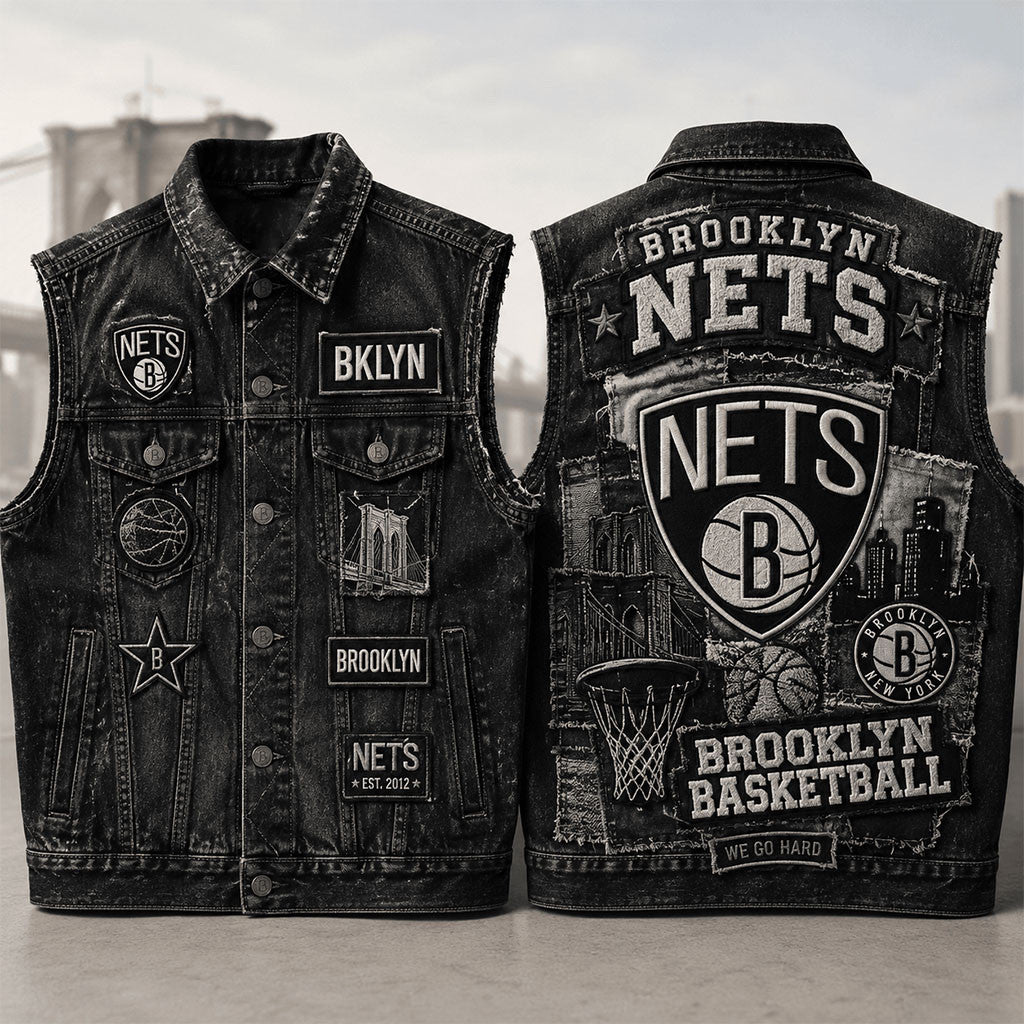 Brooklyn Nets We Go Hard Denim Vest Brooklyn Nets Merch Gift For Basketball Fans - Merchluma