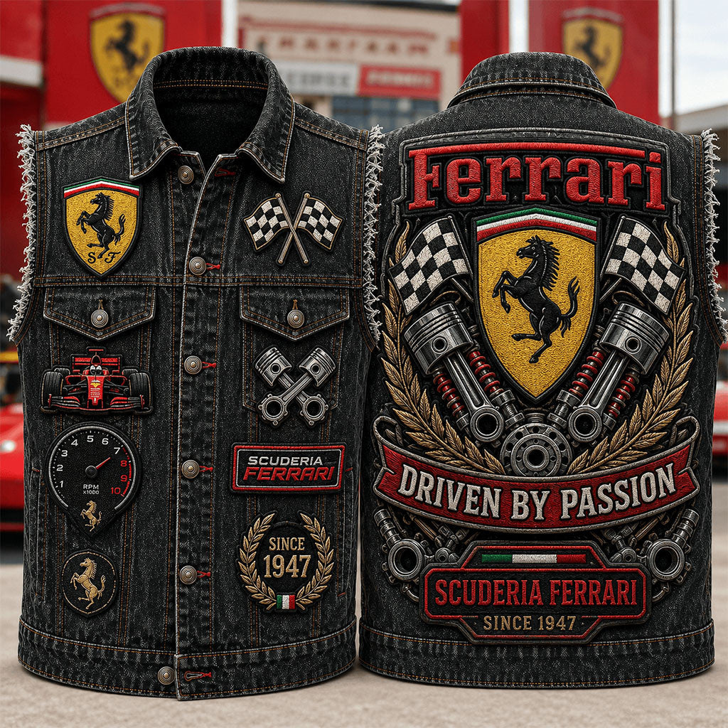 Ferrari Driven By Passion Denim Vest Scuderia Ferrari Merch Gift Ideas For Car Enthusiast - Merchluma