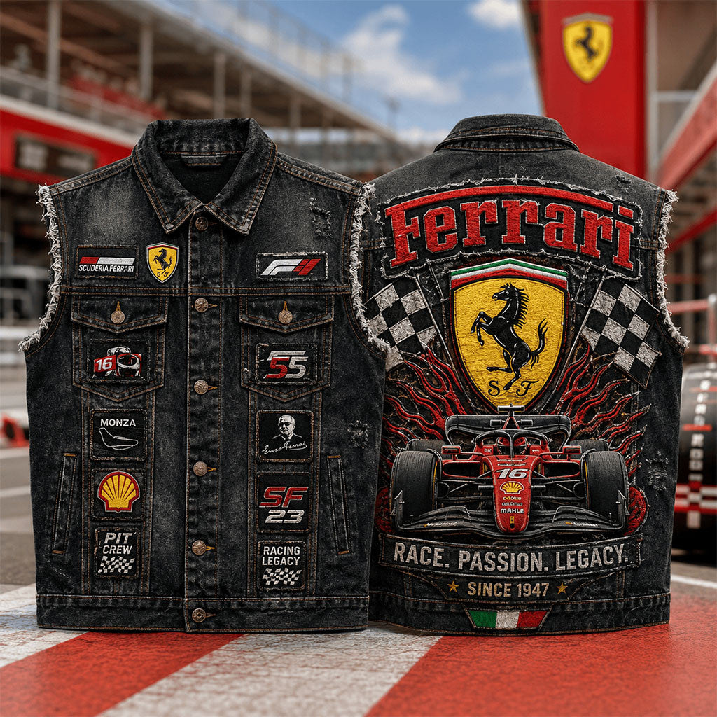 Ferrari Race Passion Legacy Since 1947 Denim Vest Ferrari Merch Car Lover Gifts For Brothers - Merchluma