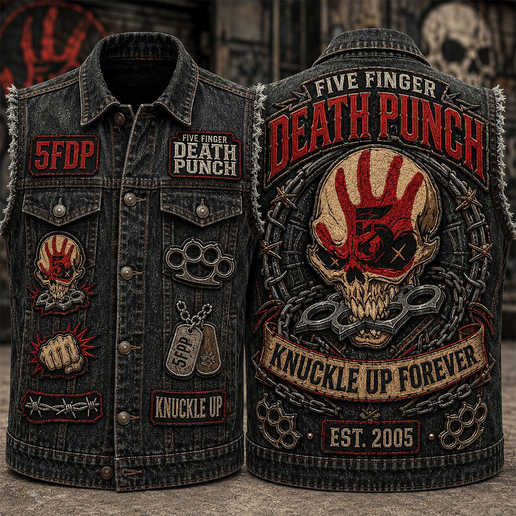 Five Finger Death Punch Knuckle Up Forever Denim Vest 5FDP Merch Gift For Band Fans - Merchluma